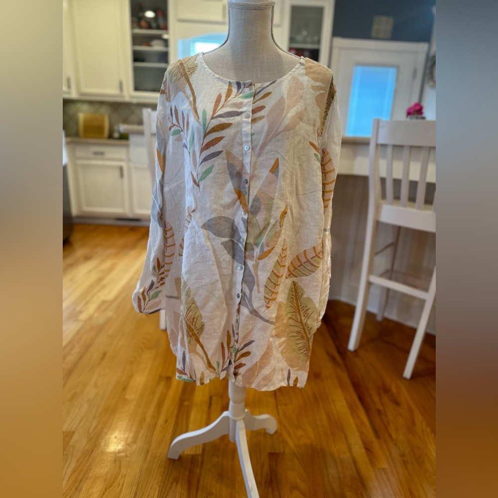 100% Linen Tunic White with Muted Multicolor Leaf Print (greens, tan, mauve)